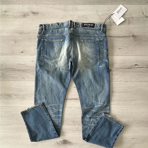 Balmain‎ Zipper Pocket Distressed Skinny Jeans Faded Blue 36 NWT - Picture 11 of 13
